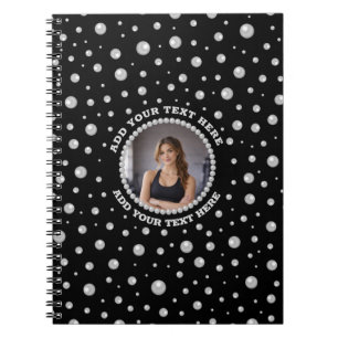 Personalized Photo with Pearls Circle on Black Notebook