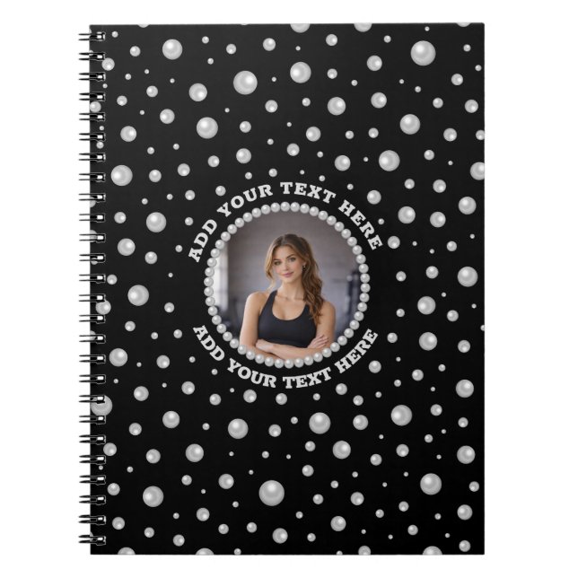 Personalized Photo with Pearls Circle on Black Notebook (Front)