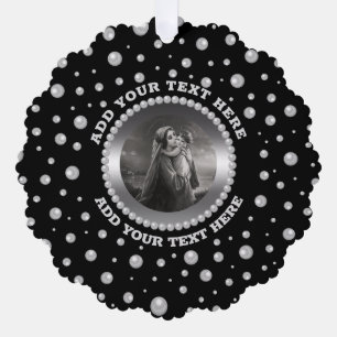 Personalized Photo with Pearls Circle on Black Ornament Card