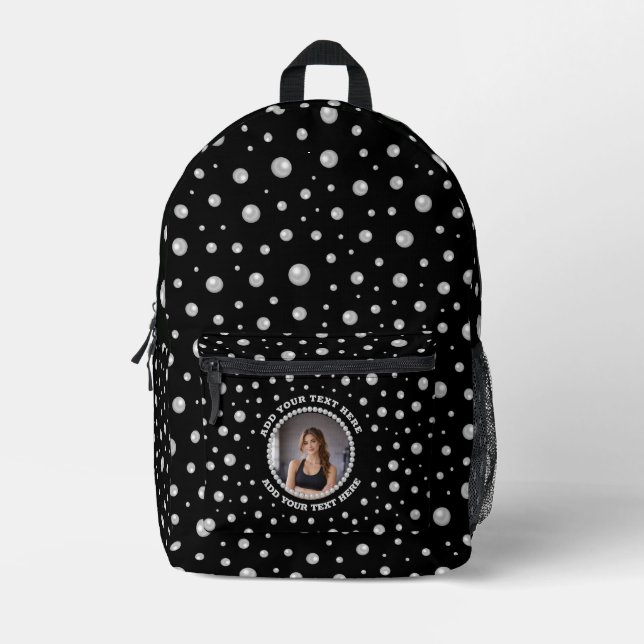 Personalized Photo with Pearls Circle on Black Printed Backpack (Front)