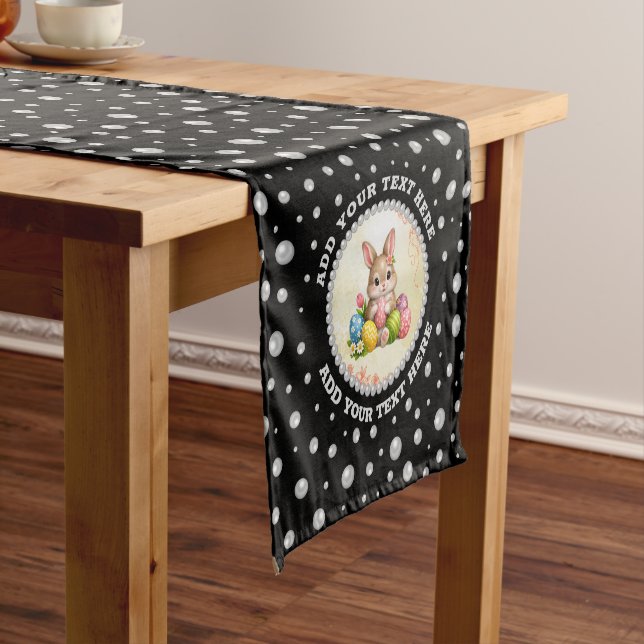 Personalized Photo with Pearls Circle on Black Short Table Runner (In Situ)