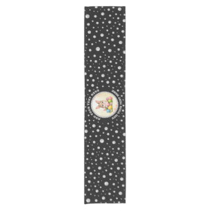 Personalized Photo with Pearls Circle on Black Short Table Runner