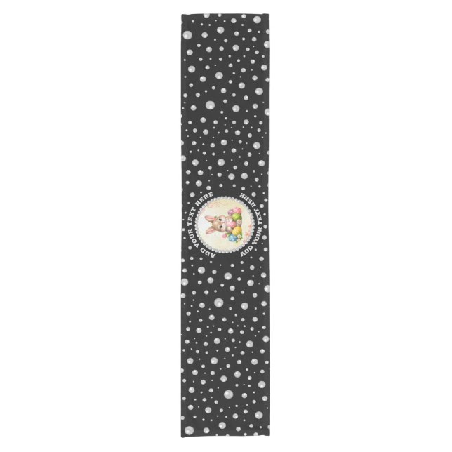 Personalized Photo with Pearls Circle on Black Short Table Runner (Front)