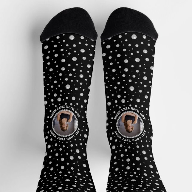 Personalized Photo with Pearls Circle on Black Socks (Top)