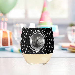 Personalized Photo with Pearls Circle on Black Stemless Wine Glass
