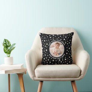Personalized Photo with Pearls Circle on Black Throw Pillow