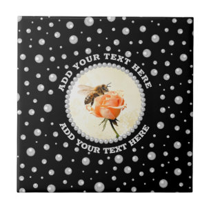 Personalized Photo with Pearls Circle on Black Tile