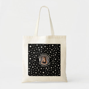 Personalized Photo with Pearls Circle on Black Tote Bag