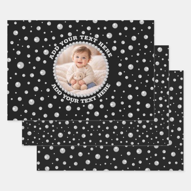 Personalized Photo with Pearls Circle on Black Wrapping Paper Sheet (Set)