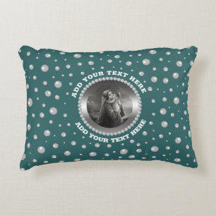 Personalized Photo with Pearls Circle on Teal Accent Pillow