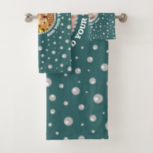 Personalized Photo with Pearls Circle on Teal Bath Towel Set