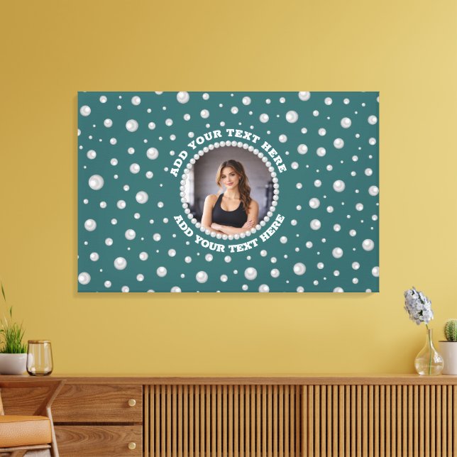 Personalized Photo with Pearls Circle on Teal Canvas Print (Insitu(LivingRoom))