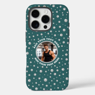 Personalized Photo with Pearls Circle on Teal iPhone 16 Pro Case
