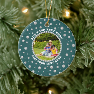 Personalized Photo with Pearls Circle on Teal Ceramic Ornament