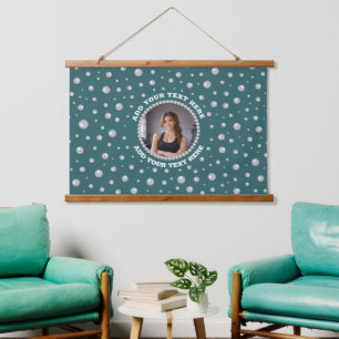 Personalized Photo with Pearls Circle on Teal Hanging Tapestry