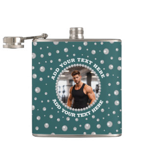 Personalized Photo with Pearls Circle on Teal Hip Flask