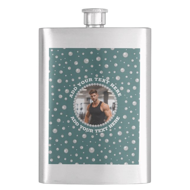 Personalized Photo with Pearls Circle on Teal Hip Flask (Front)