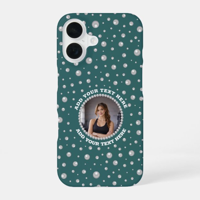 Personalized Photo with Pearls Circle on Teal iPhone 16 Case (Back)