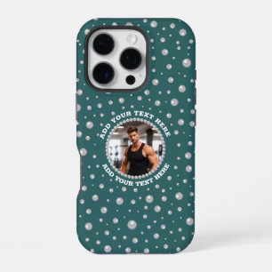 Personalized Photo with Pearls Circle on Teal iPhone 16 Pro Case