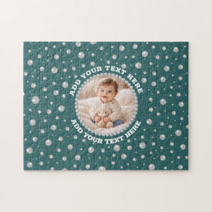 Personalized Photo with Pearls Circle on Teal Jigsaw Puzzle