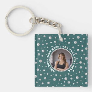 Personalized Photo with Pearls Circle on Teal Keychain