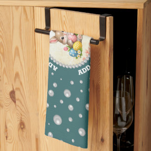 Personalized Photo with Pearls Circle on Teal Kitchen Towel