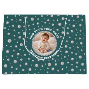 Personalized Photo with Pearls Circle on Teal Large Gift Bag