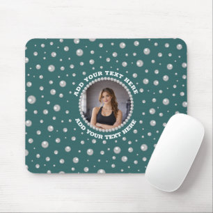 Personalized Photo with Pearls Circle on Teal Mouse Pad