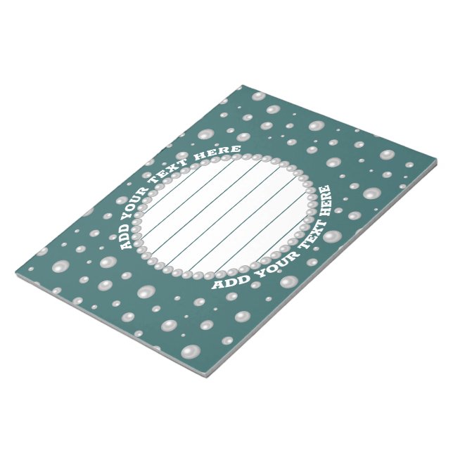Personalized Photo with Pearls Circle on Teal Notepad (Angled)