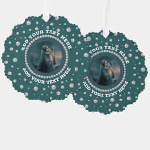Personalized Photo with Pearls Circle on Teal Ornament Card