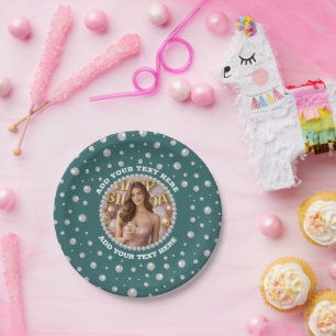 Personalized Photo with Pearls Circle on Teal Paper Plate