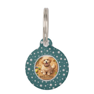 Personalized Photo with Pearls Circle on Teal Pet Tag