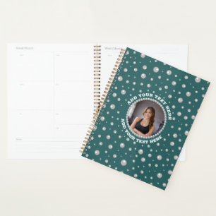 Personalized Photo with Pearls Circle on Teal Planner