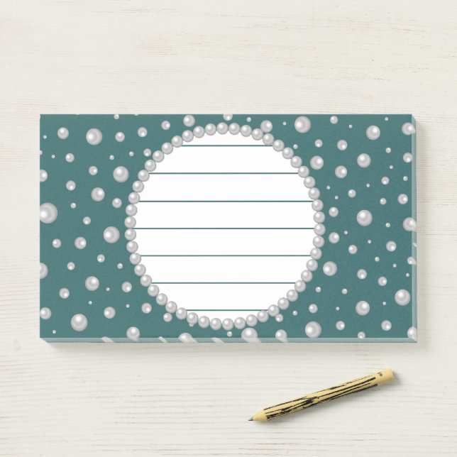 Personalized Photo with Pearls Circle on Teal Post-it Notes (On Desk)