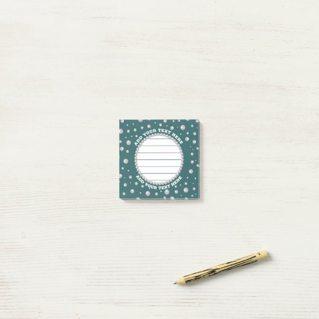 Personalized Photo with Pearls Circle on Teal Post-it Notes (On Desk)