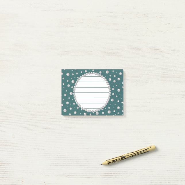 Personalized Photo with Pearls Circle on Teal Post-it Notes (On Desk)
