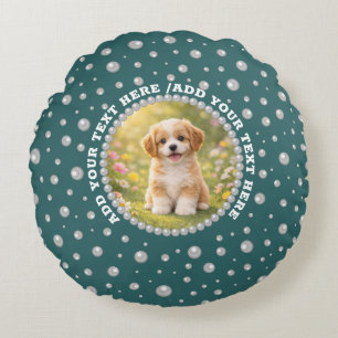 Personalized Photo with Pearls Circle on Teal Round Pillow