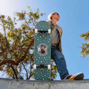 Personalized Photo with Pearls Circle on Teal Skateboard