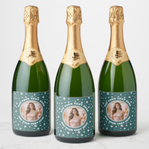 Personalized Photo with Pearls Circle on Teal Sparkling Wine Label