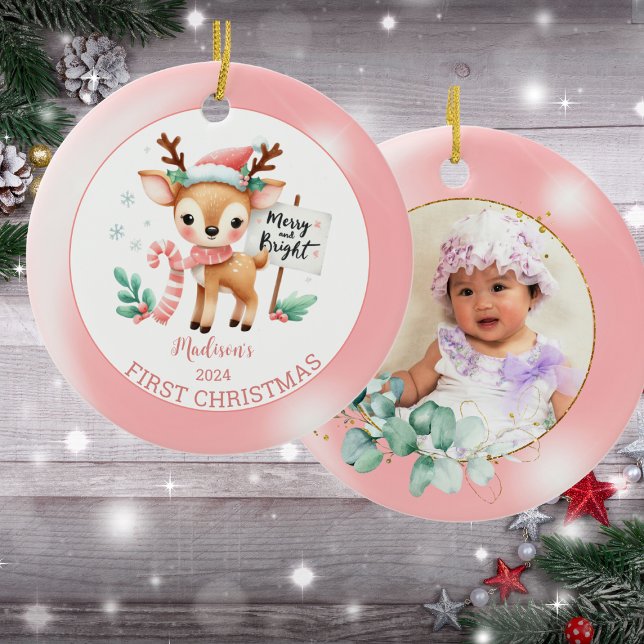 Personalized Photo Woodland Deer Christmas    Ceramic Ornament (Creator Uploaded)