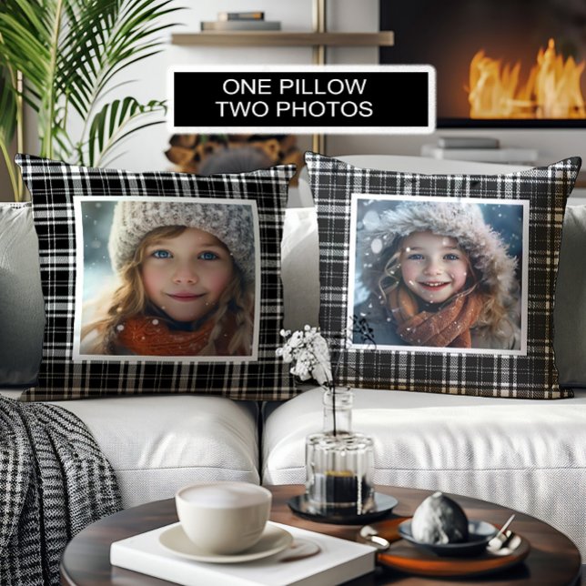 Personalized Photos Buffalo Plaid Black White Throw Pillow (Black and white checkered 2-photo decorator pillow)