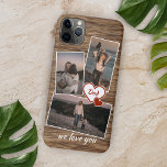 Personalized Photos For Mom Dad And Love Heart iPhone 11 Pro Max Case<br><div class="desc">Decorative faux rustic brown woodgrain texture pattern cellphone case. With room to easily customize or personalize with three pictures and (limited) text of your choice. Decorated with cute hearts and sweet We Love You quote text in an elegant and stylish handwritten style calligraphy font type. Unique keepsake, birthday, anniversary, Mother's...</div>