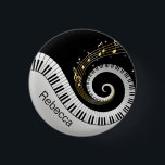 Personalized Piano Keys and Gold Music Notes 1 Inch Round Button<br><div class="desc">Personalized musical notes design featuring swirling piano keys with gold musical notes flowing from the centre of the keys on a black and silver grey printed background. This design would make the perfect gift for the piano lover and is available on a collection of gifts and paper products.</div>