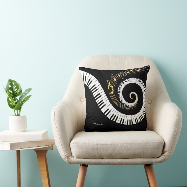 Personalized Piano Keys and Gold Music Notes Throw Pillow (Chair)