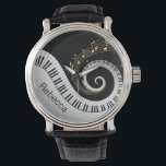 Personalized Piano Keys and Gold Music Notes Watch<br><div class="desc">Personalized musical notes design featuring swirling piano keys with gold musical notes flowing from the centre of the keys on a black and silver grey printed background. This design would make the perfect gift for the piano lover and is available on a collection of gifts and paper products.</div>