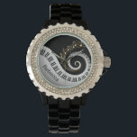 Personalized Piano Keys and Gold Music Notes Watch<br><div class="desc">Personalized musical notes design featuring swirling piano keys with gold musical notes flowing from the centre of the keys on a black and silver grey printed background. This design would make the perfect gift for the piano lover and is available on a collection of gifts and paper products.</div>