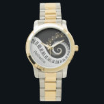 Personalized Piano Keys and Gold Music Notes Watch<br><div class="desc">Personalized musical notes design featuring swirling piano keys with gold musical notes flowing from the centre of the keys on a black and silver grey printed background. This design would make the perfect gift for the piano lover and is available on a collection of gifts and paper products.</div>