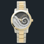 Personalized Piano Keys and Gold Music Notes Watch<br><div class="desc">Personalized musical notes design featuring swirling piano keys with gold musical notes flowing from the centre of the keys on a black and silver grey printed background. This design would make the perfect gift for the piano lover and is available on a collection of gifts and paper products.</div>
