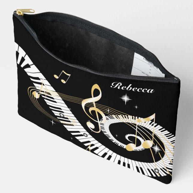 Personalized Piano Keys and Golden Music Notes Accessory Pouch (Open)