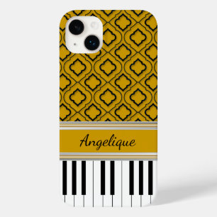 Personalized Piano Keys Black Quatrefoil on Gold Case-Mate iPhone 14 Plus Case